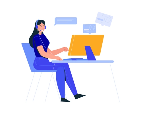 Office scenes composition with female employee at computer table with chat bubbles and profile icons vector illustration