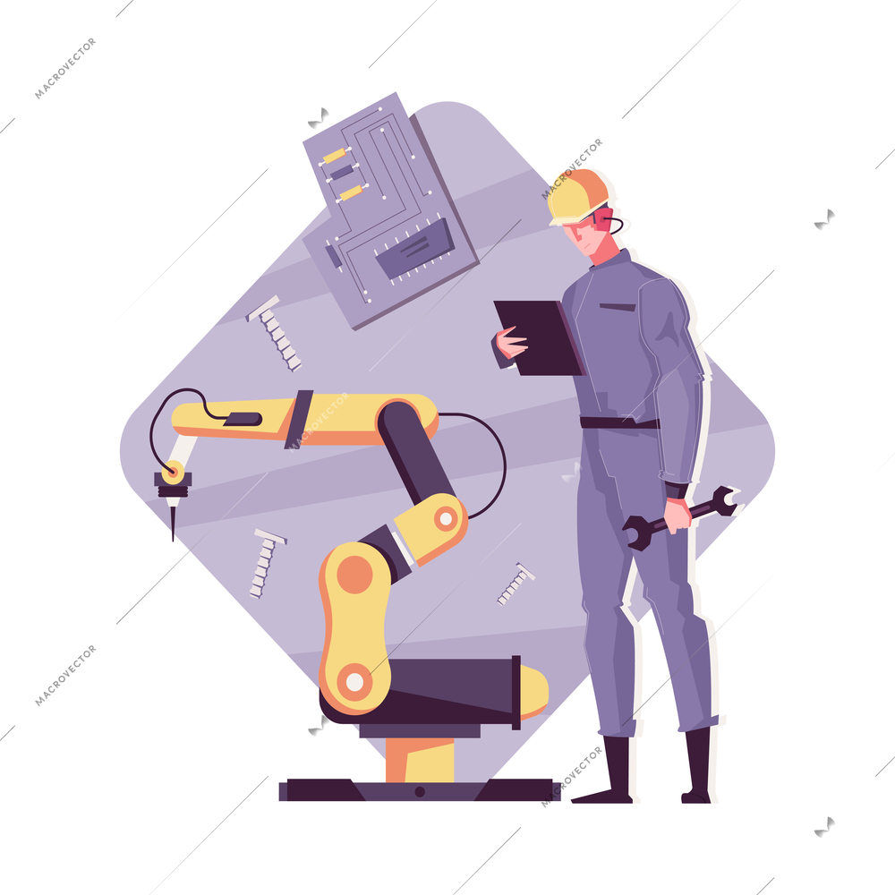 Robotics flat composition with character of operating engineer and yellow automated manipulator arm vector illustration