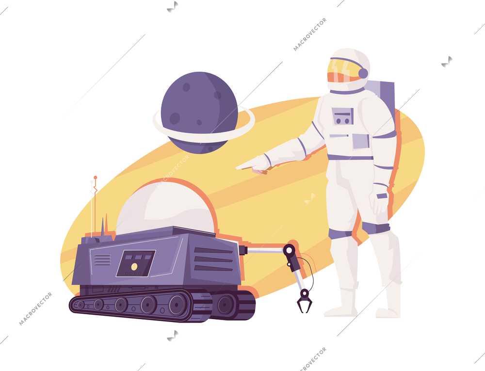 Robotics flat composition with images of automated rover with manipulator arm and astronaut with planet vector illustration