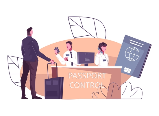 Customs control flat composition with passenger at counter with clerks checking his passport vector illustration