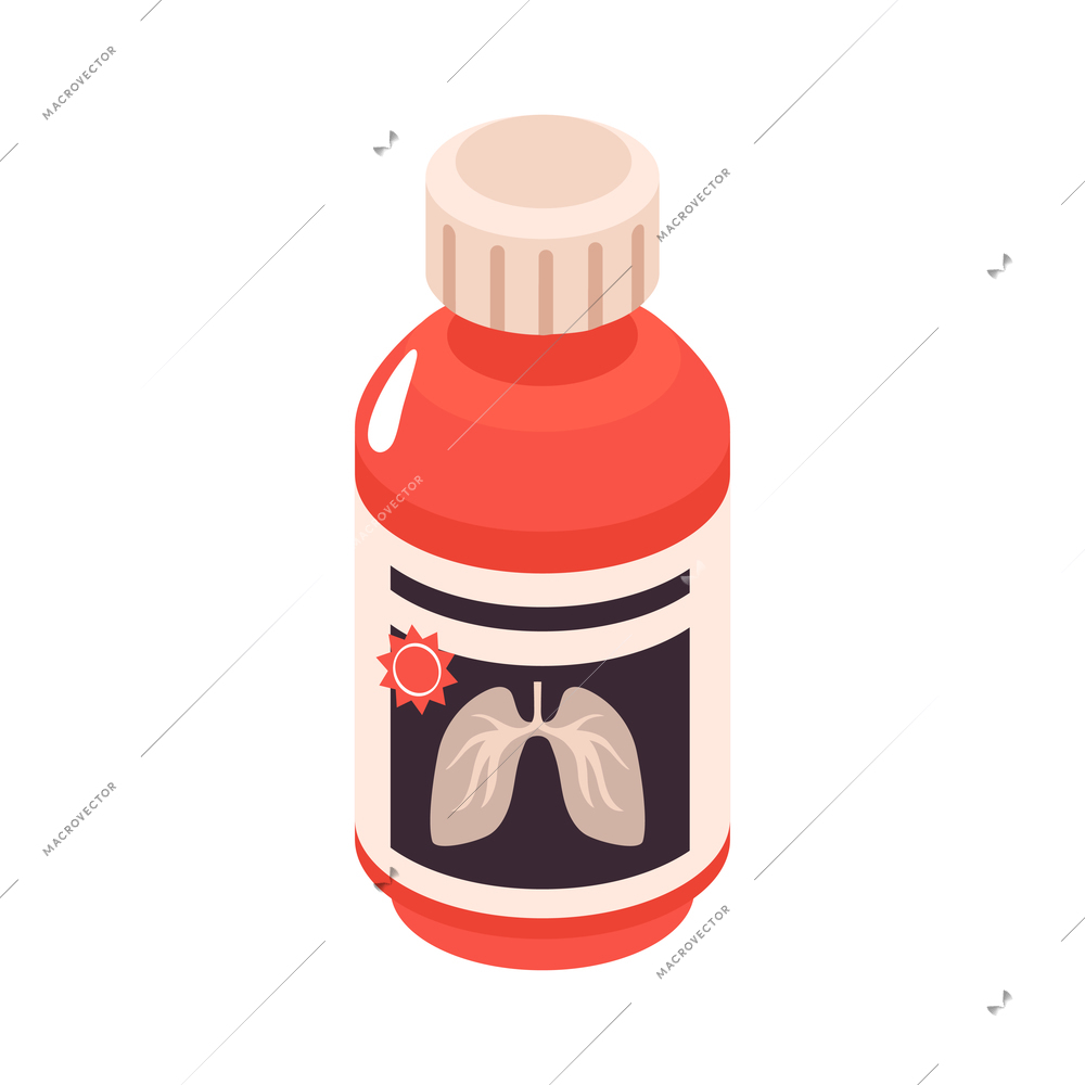 Isometric cold flu virus sick people composition with isolated image of jar with syrup for lungs vector illustration