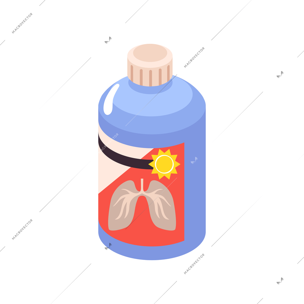 Isometric cold flu virus sick people composition with isolated image of jar with syrup for lungs vector illustration