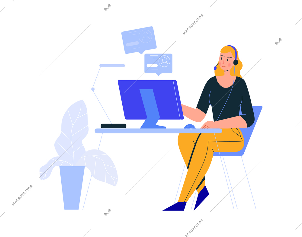 Office scenes composition with woman sitting at computer with profile icons vector illustration