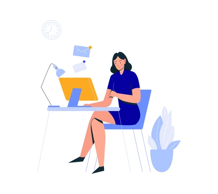 Office scenes composition with female character at working place with computer and envelope icons vector illustration