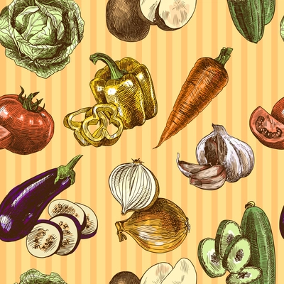 Vegetables natural organic fresh food color sketch seamless pattern vector illustration