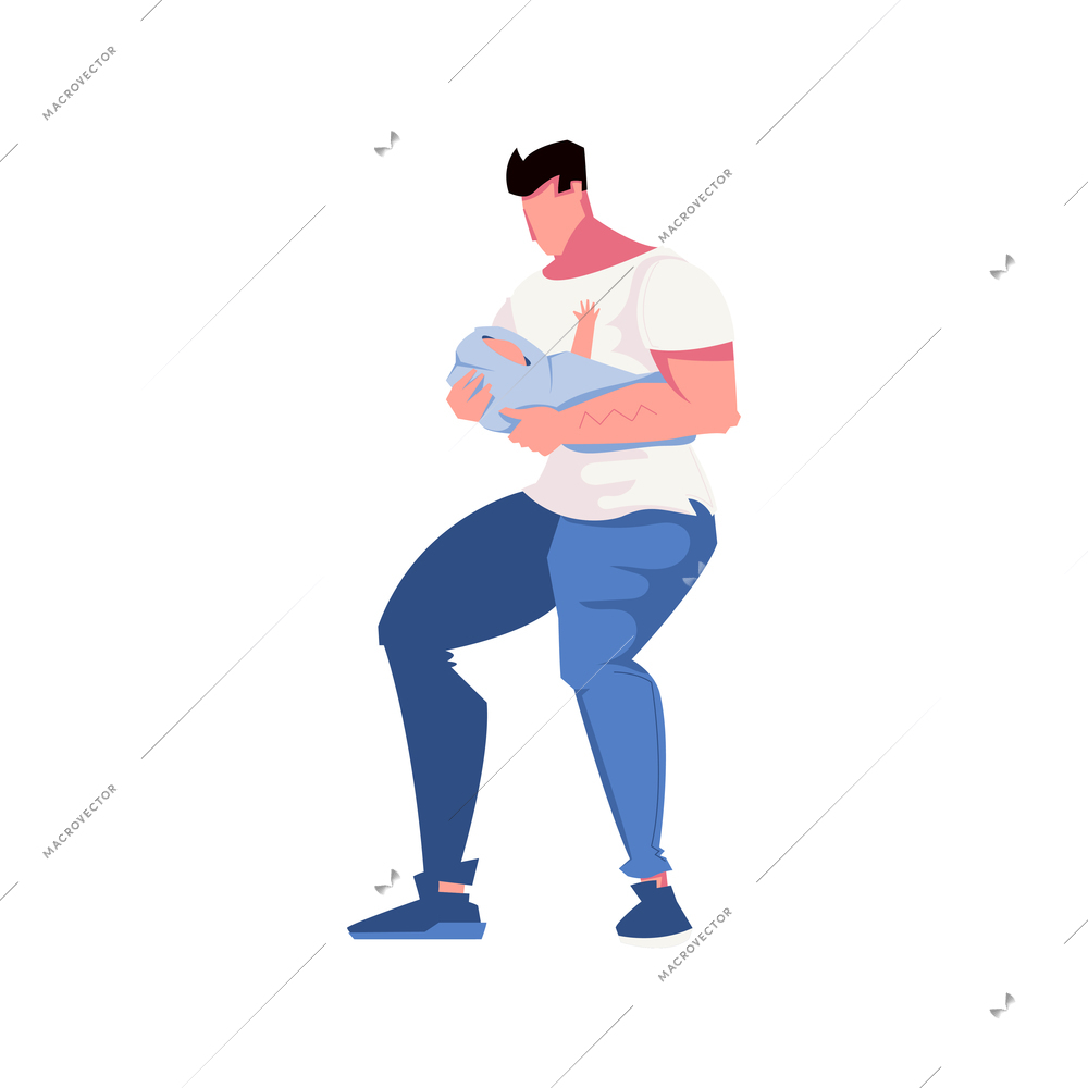 Dad flat composition with adult male character holding baby in his arms vector illustration