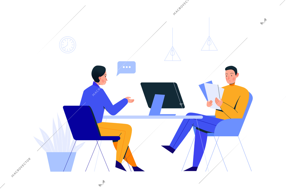 Office scenes composition with two coworkers sitting at table with computer and paperwork vector illustration