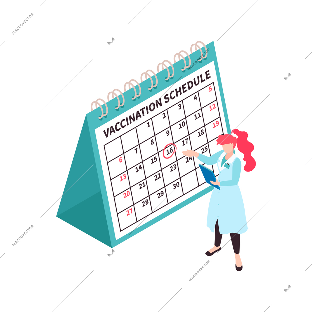 Isometric vaccination color composition with character of female doctor and calendar of vaccination vector illustration