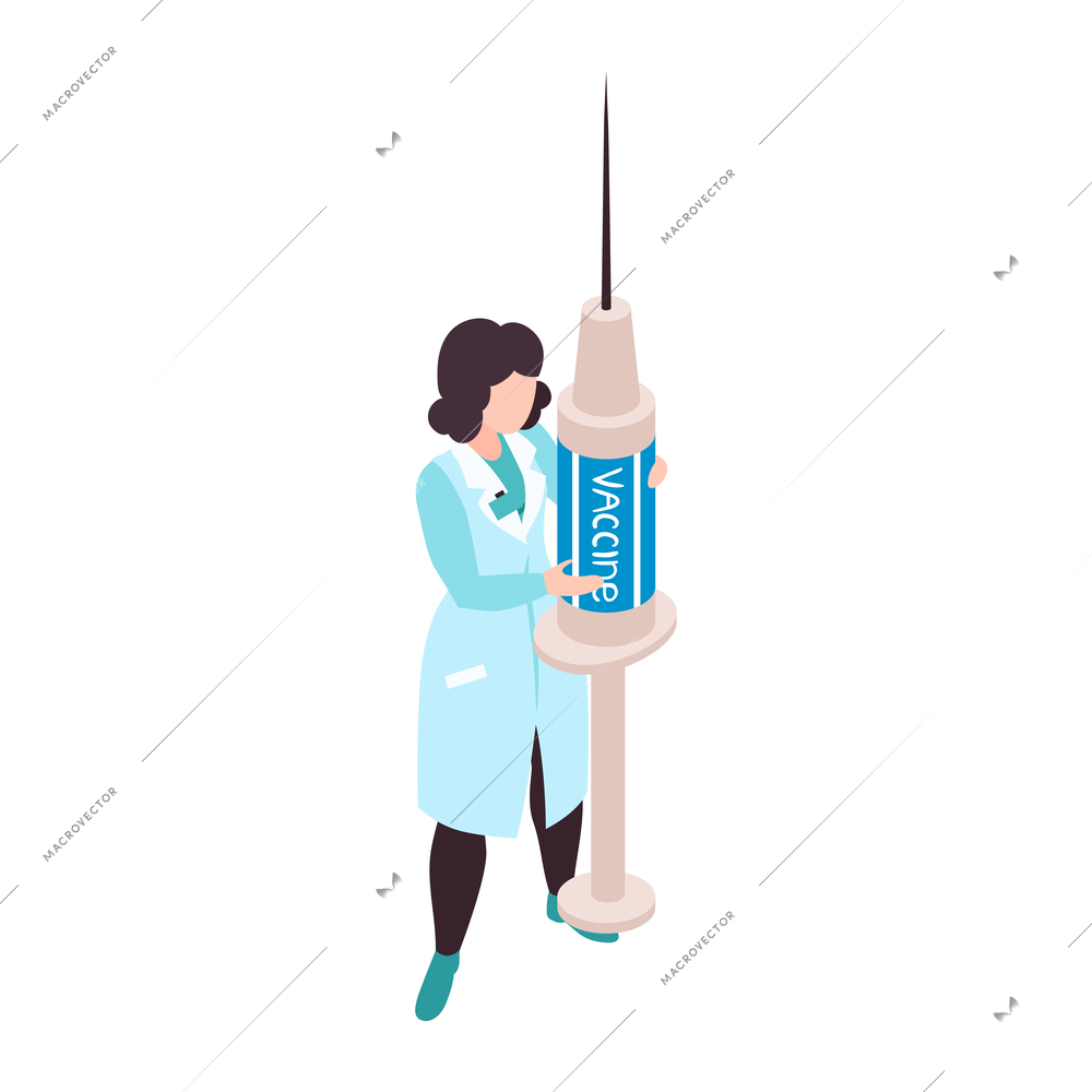 Isometric vaccination color composition with female doctor holding syringe vector illustration