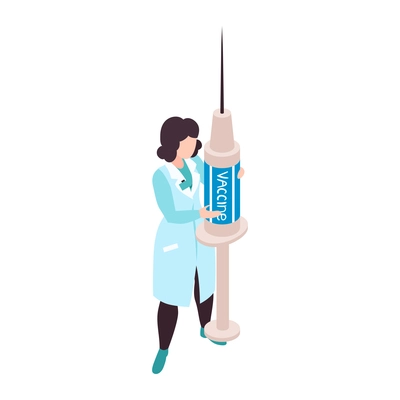 Isometric vaccination color composition with female doctor holding syringe vector illustration