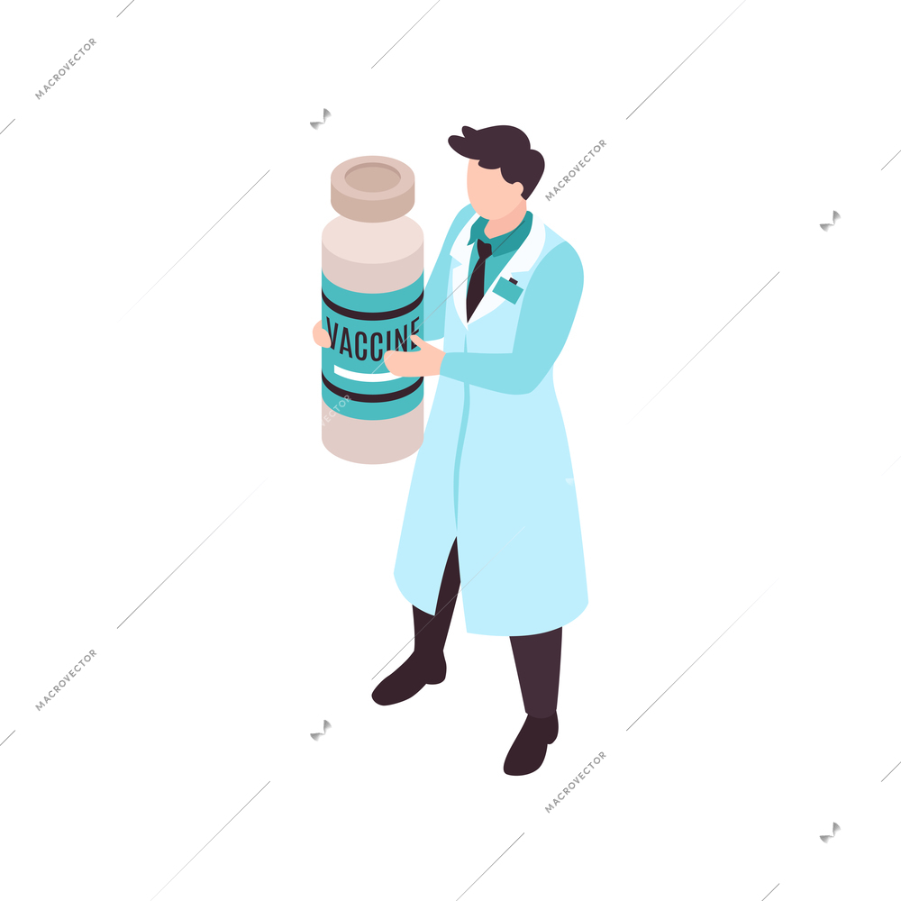 Isometric vaccination color composition with character of medical specialist holding ampoule of vaccine vector illustration