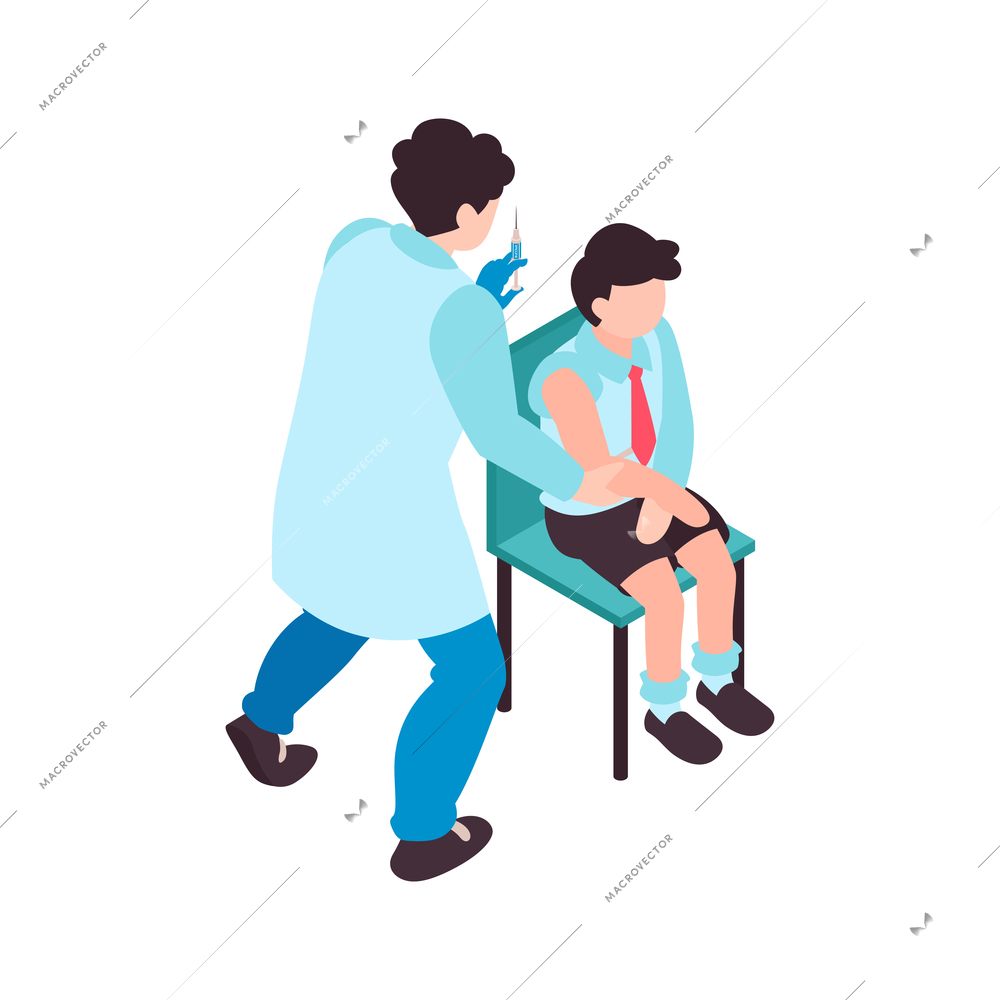 Isometric vaccination color composition with schoolboy sitting on chair and nurse holding syringe vector illustration