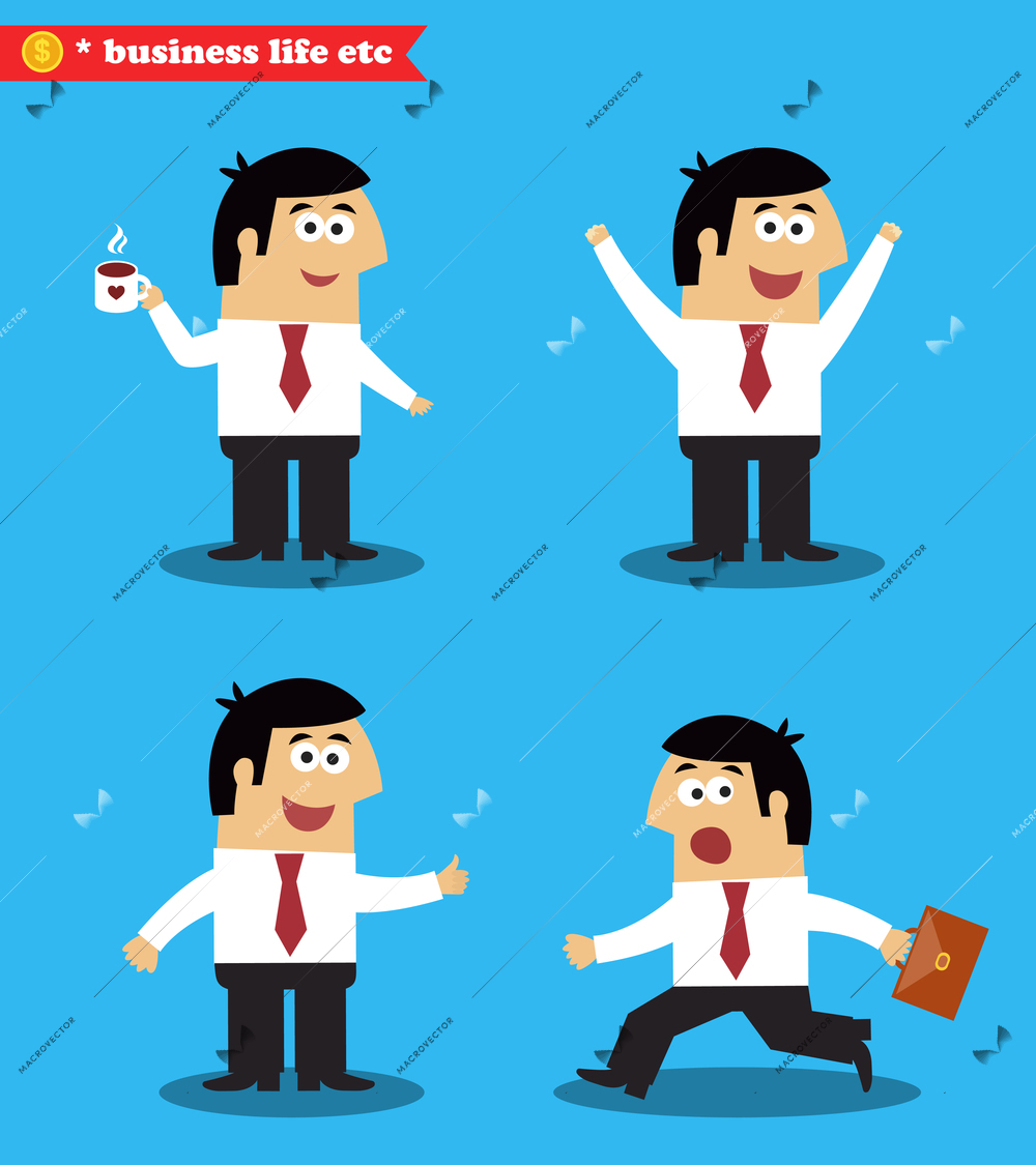 Business life. Executive in poses coffee break success hurry standing set vector illustration