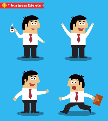 Business life. Executive in poses coffee break success hurry standing set vector illustration
