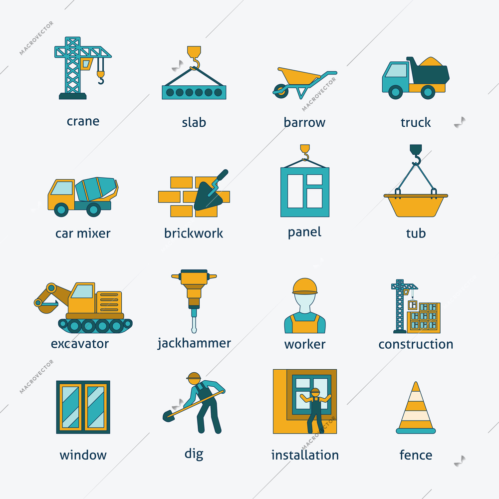 Building construction mason brickwork trowel and cement mixing machine flat icons set line isolated abstract vector illustration