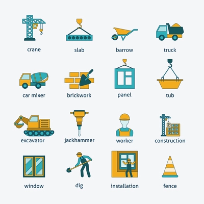 Building construction mason brickwork trowel and cement mixing machine flat icons set line isolated abstract vector illustration