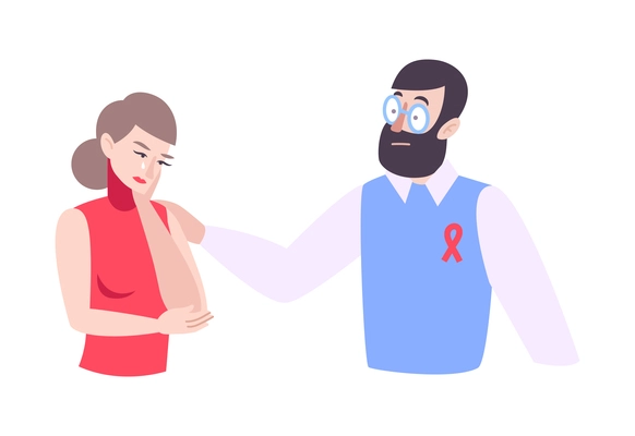Hiv aids flat composition with human characters of crying woman and man with ribbon symbol vector illustration
