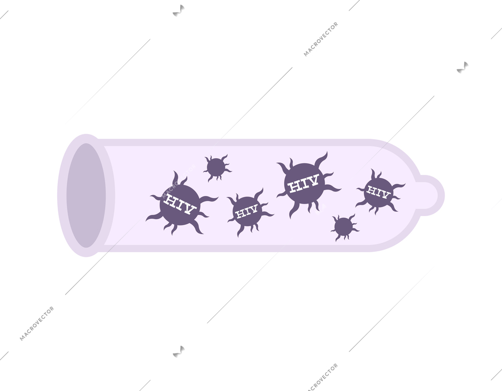 Hiv aids flat composition with isolated image of condom full of viruses vector illustration