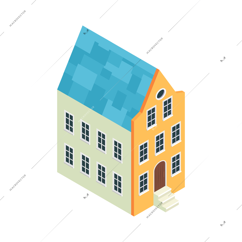 Isometric old town set with isolated image of european style vintage building vector illustration