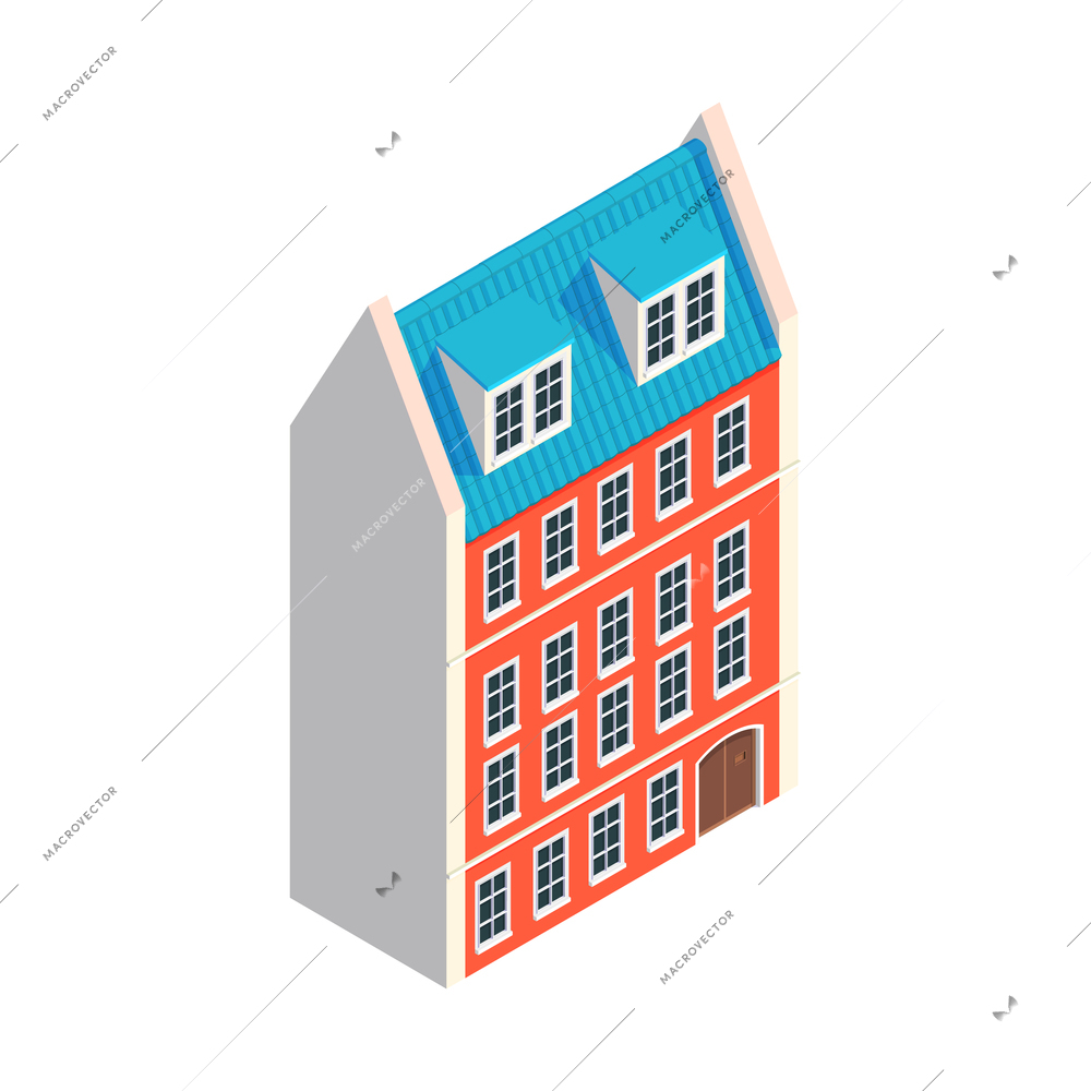 Isometric old town set with isolated image of european style vintage building vector illustration