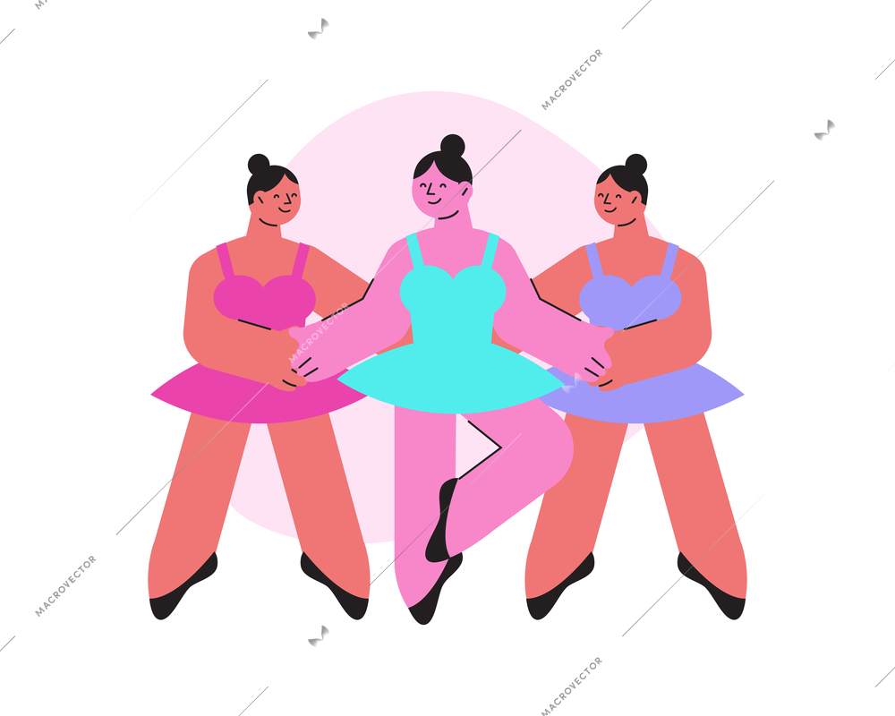 Dancing school flat composition with characters of three women dancing ballet in skirts vector illustration