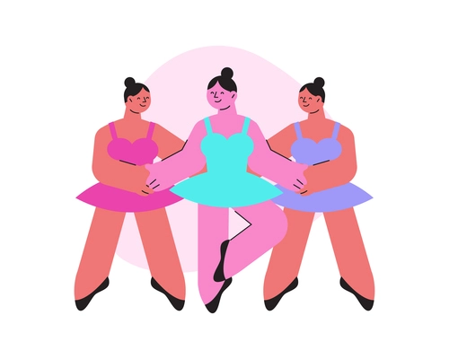 Dancing school flat composition with characters of three women dancing ballet in skirts vector illustration