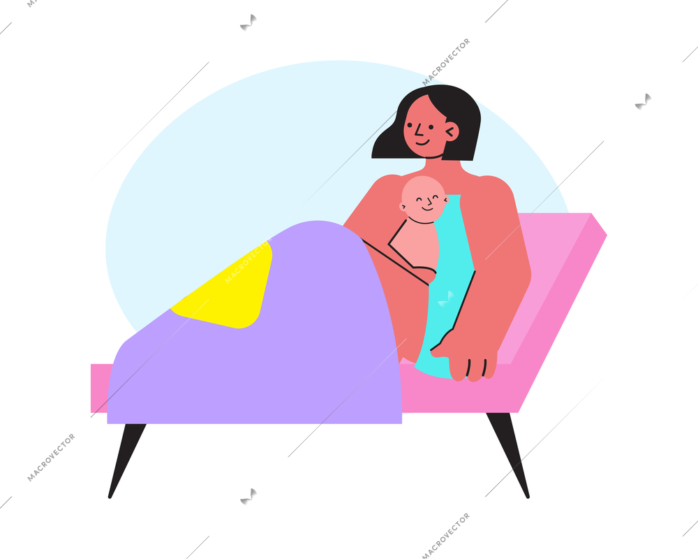 Childbirth flat composition with characters of newborn baby with lying mother vector illustration