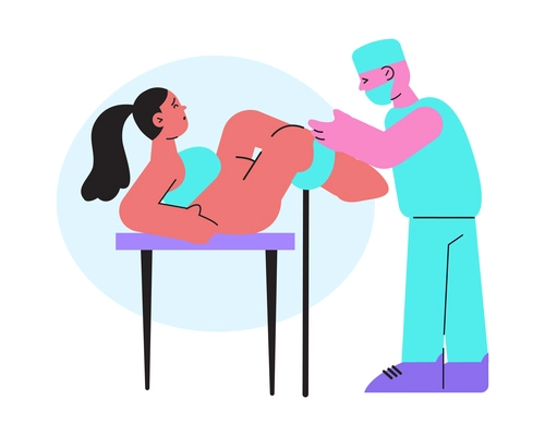 Childbirth flat composition with characters of mother giving birth to child with medical specialist vector illustration