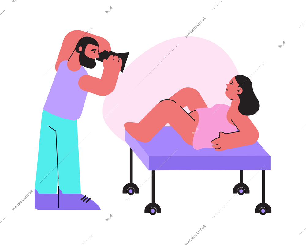 Childbirth flat composition with characters of pregnant woman being photographed by man vector illustration