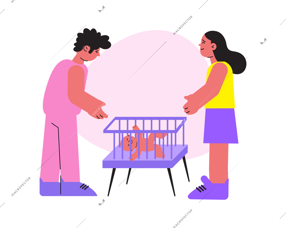 Childbirth flat composition with characters of parents at child bed with lying baby vector illustration