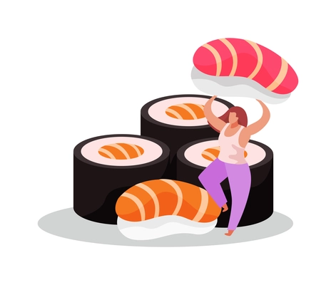 Fastfood flat composition with female character and slices of sushi rolls with shrimps vector illustration