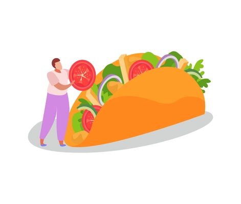 Fastfood flat composition with male character adding tomato slice to panini vector illustration