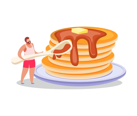 Fastfood flat composition with male character holding spoon with stack of pancakes on plate vector illustration