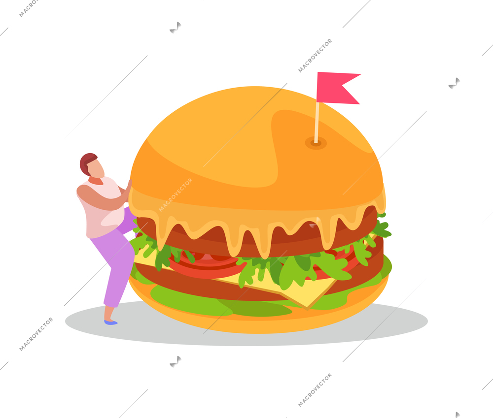 Fastfood flat composition with male character and huge image of burger vector illustration