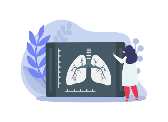 Lung inspection flat icons composition with female doctor examining radiogram shot of human lungs vector illustration