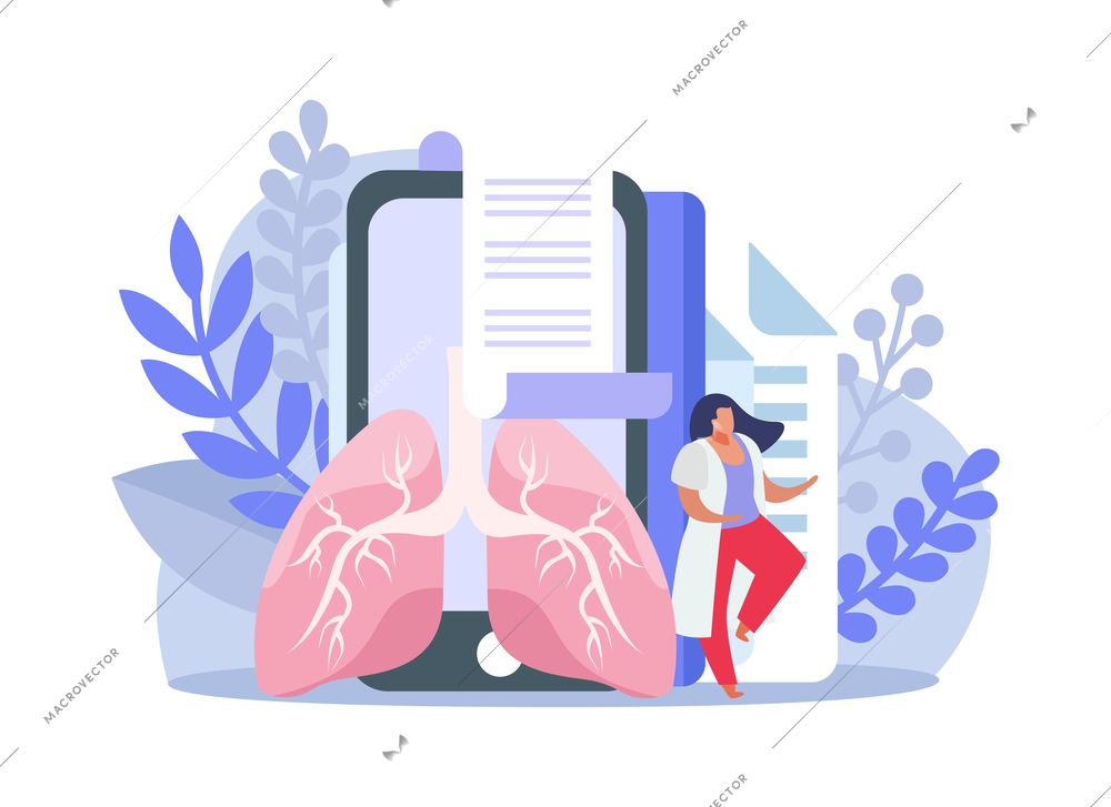 Lung inspection flat icons composition with female doctor character with tablet and medical paperwork vector illustration