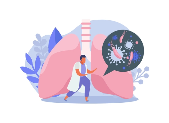 Lung inspection flat icons composition with human lungs and circle with virus bacteria with male doctor vector illustration