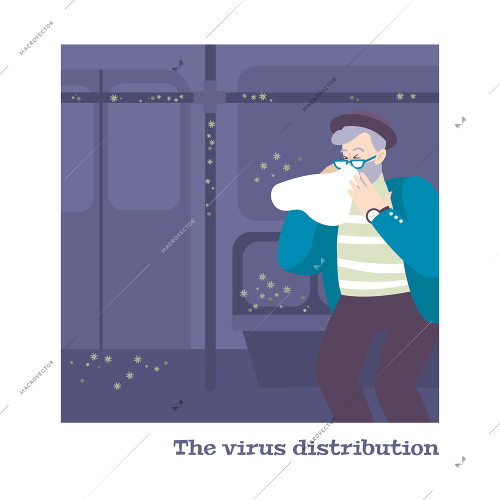 Coronavirus composition with human character sneezing in public transport vector illustration