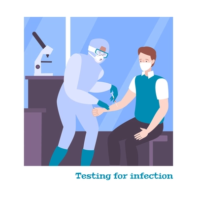 Coronavirus composition with microscope and character in protective suit doing covid test of patient vector illustration