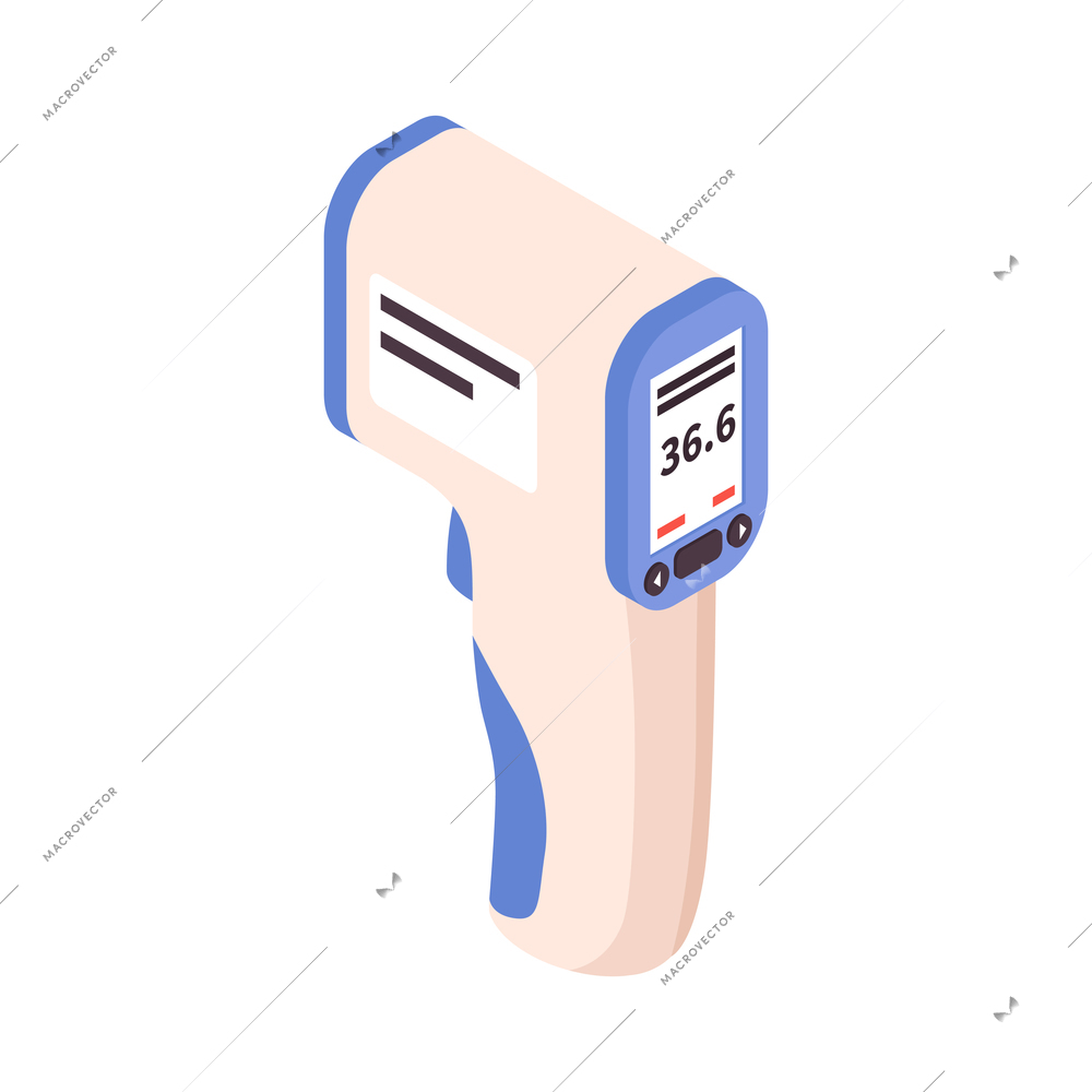 Isometric cold flu virus sick people composition with isolated image of electronic contactless thermometer vector illustration