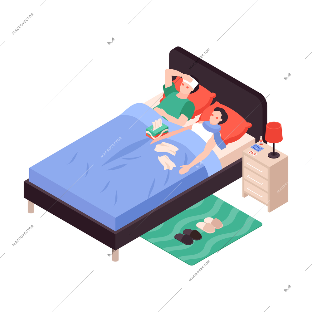 Isometric cold flu virus sick people composition with characters of sick couple in home bed vector illustration