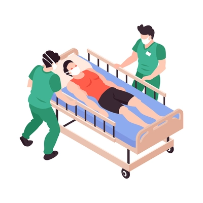 Isometric cold flu virus sick people composition with two medical specialists in masks at patients bed vector illustration