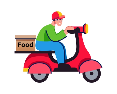 Food delivery composition with character of food delivery boy riding scooter motorbike vector illustration