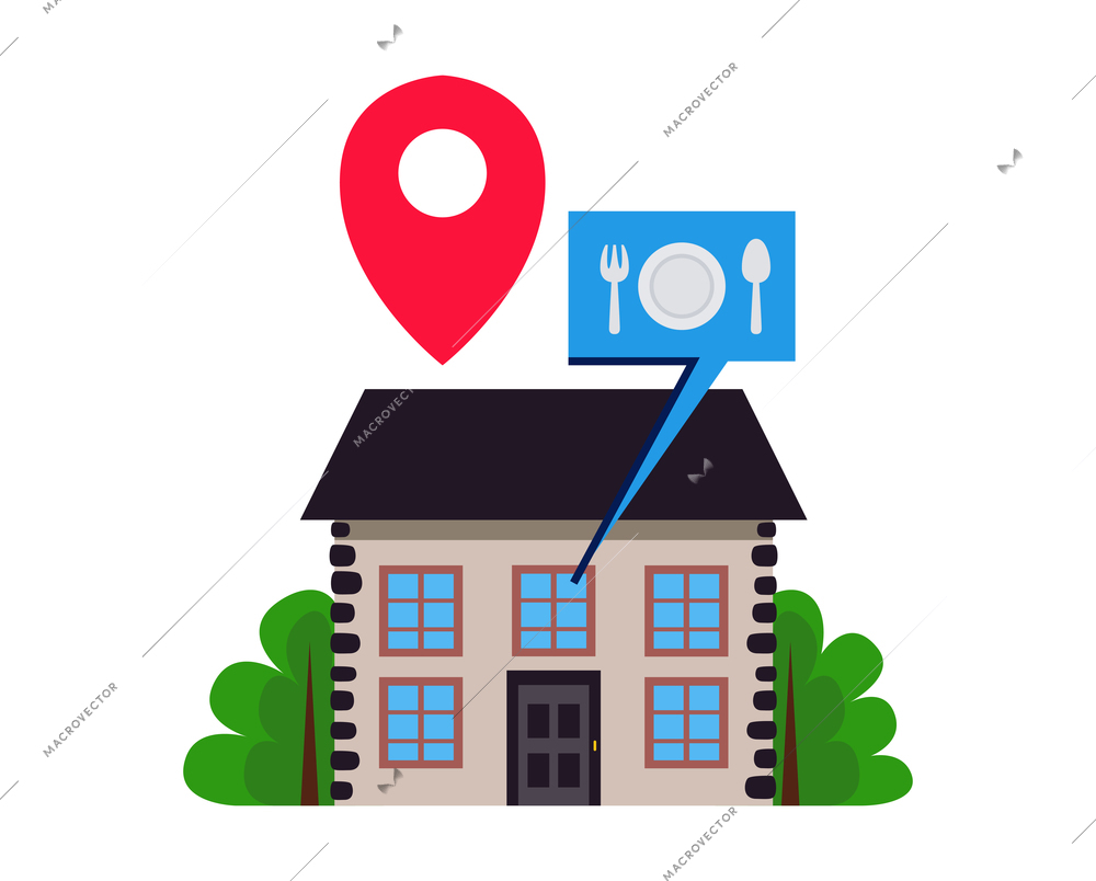 Food delivery composition with view of living house with location sign and food thought bubble vector illustration