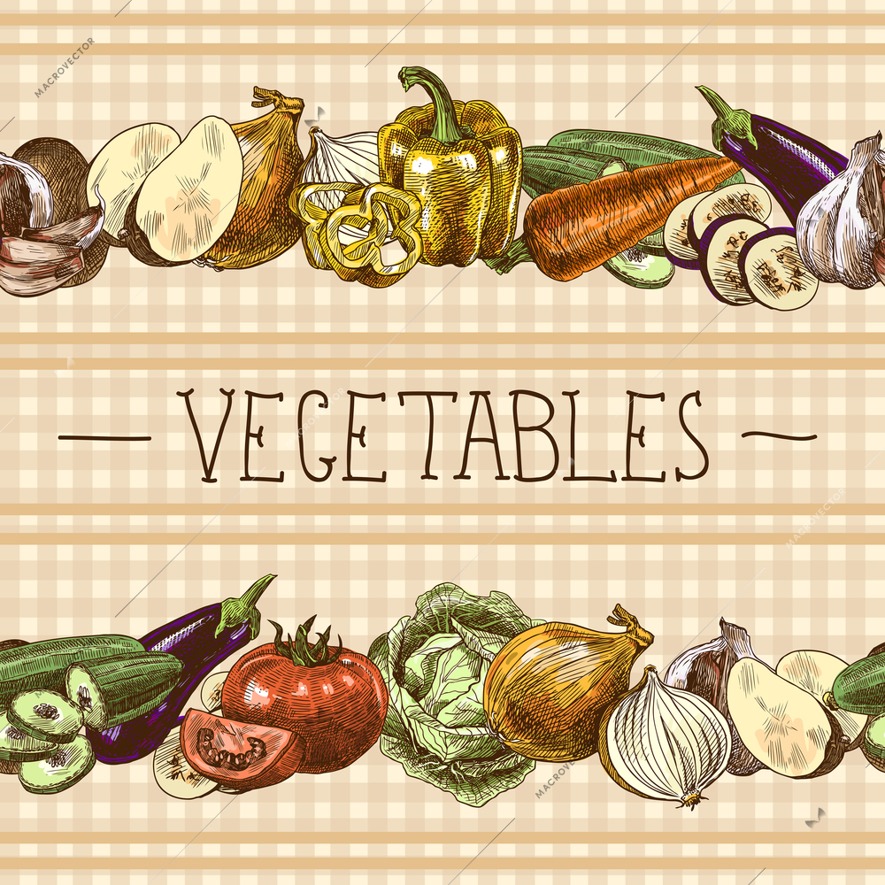 Food vegetables sketch seamless pattern with onion tomato eggplant paprika vector illustration