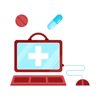 Digital medicine composition with isolated image of emergency aid box with computer screen and pills images vector illustration