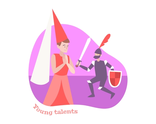 Kid success flat composition with young actors performing in medieval theatrical performance vector illustration