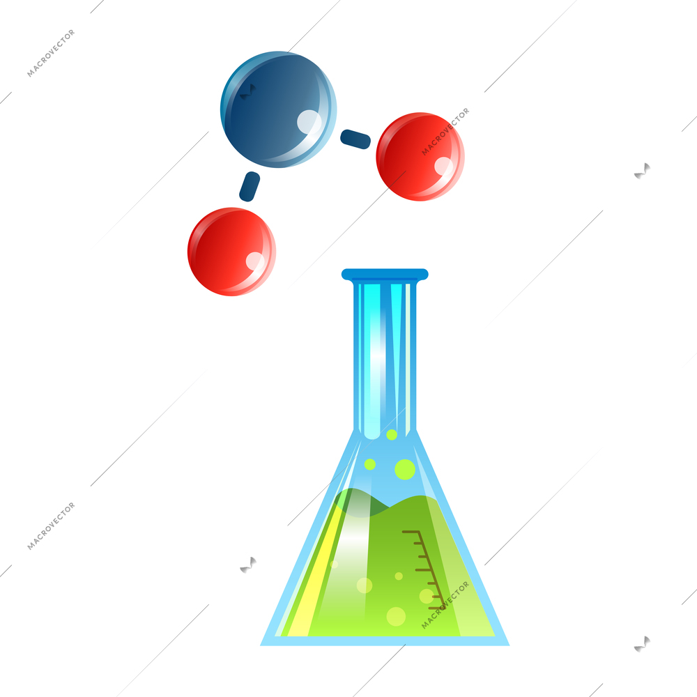 Chemistry laboratory composition with green liquid inside glass jar and atoms in molecule vector illustration