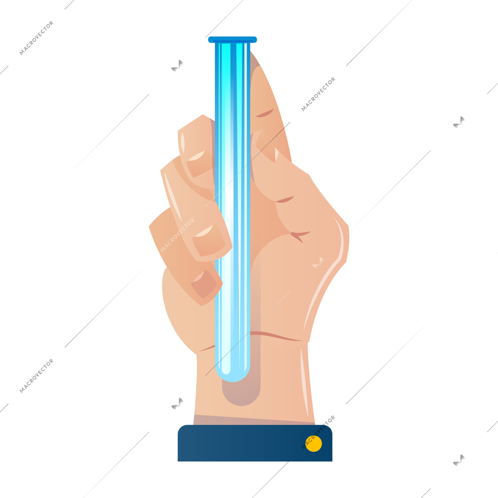 Chemistry laboratory composition with image of long glass tube in human hand vector illustration