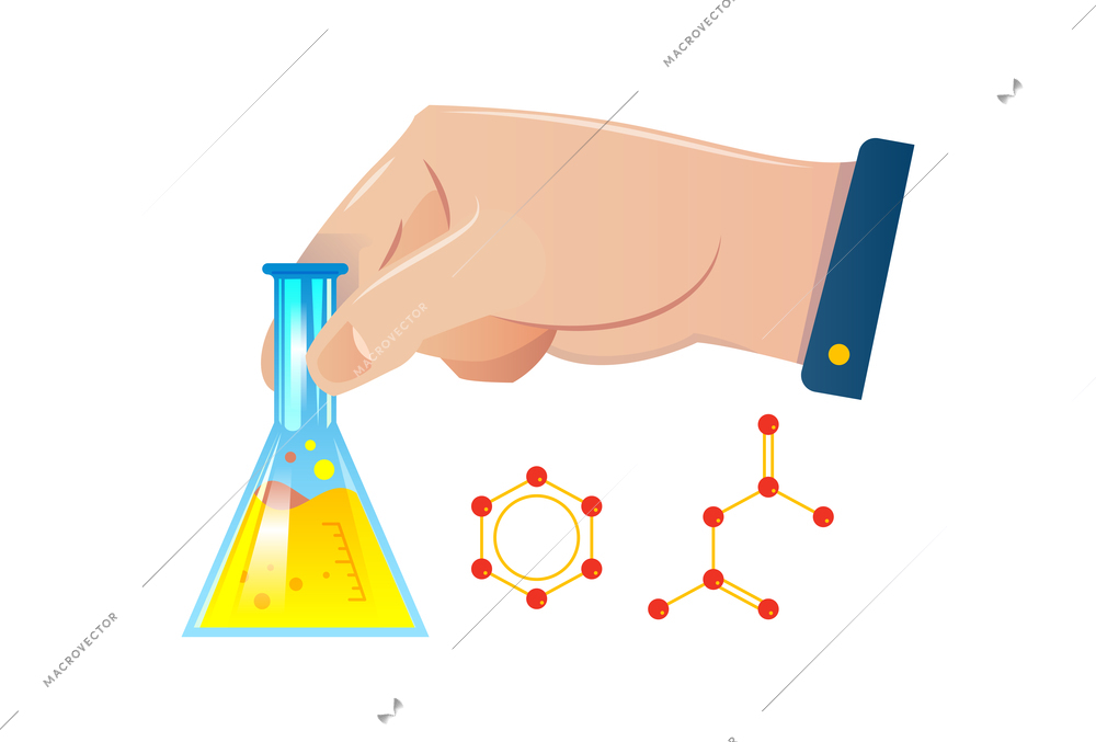 Chemistry laboratory composition with lab flask held by human hand and formula vector illustration